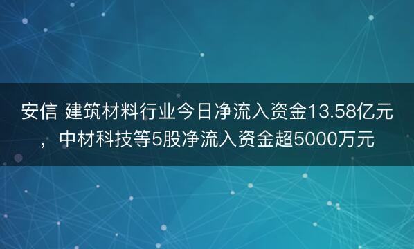 安信 建筑材料行业今日净流入资金13.58亿元，中材科技等5股净流入资金超5000万元